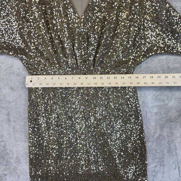 Trina Turk Dress Womens 10 Gold Sequin Blouson V Neck Dolman Sleeve Short Party - Picture 12 of 13